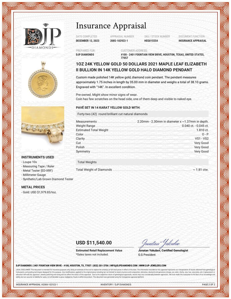 24K Yellow Gold 50 Dollars 2021 Maple Leaf Elizabeth II 14K Gold Diamond Pendant
