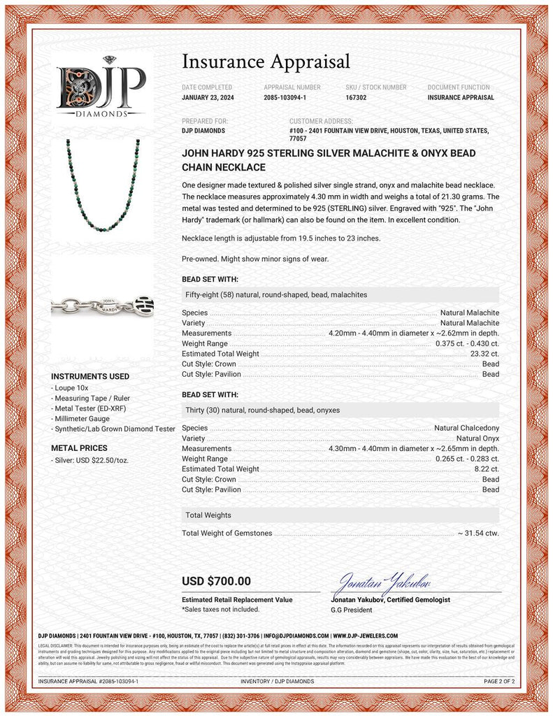 John Hardy 925 Sterling Silver Malachite & Onyx Bead Chain Necklace