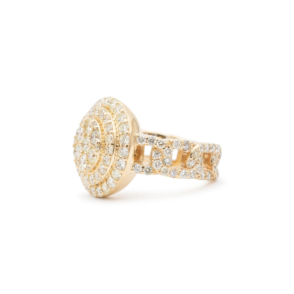 10K Yellow Gold Round Cluster Diamond Cuban Link Shank Cocktail Ring