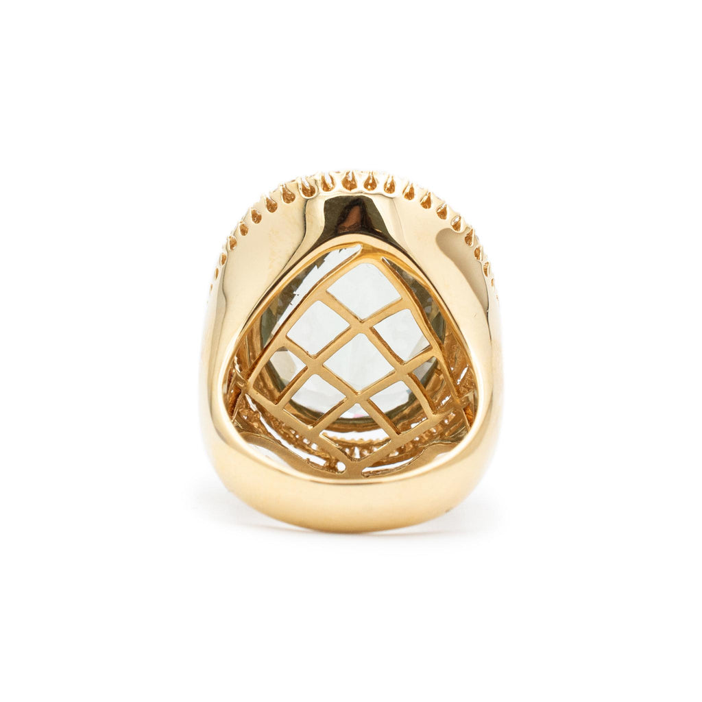 Ladies 18K Yellow Gold Oval Prasiolite Spiral Halo Diamond Cocktail Ring
