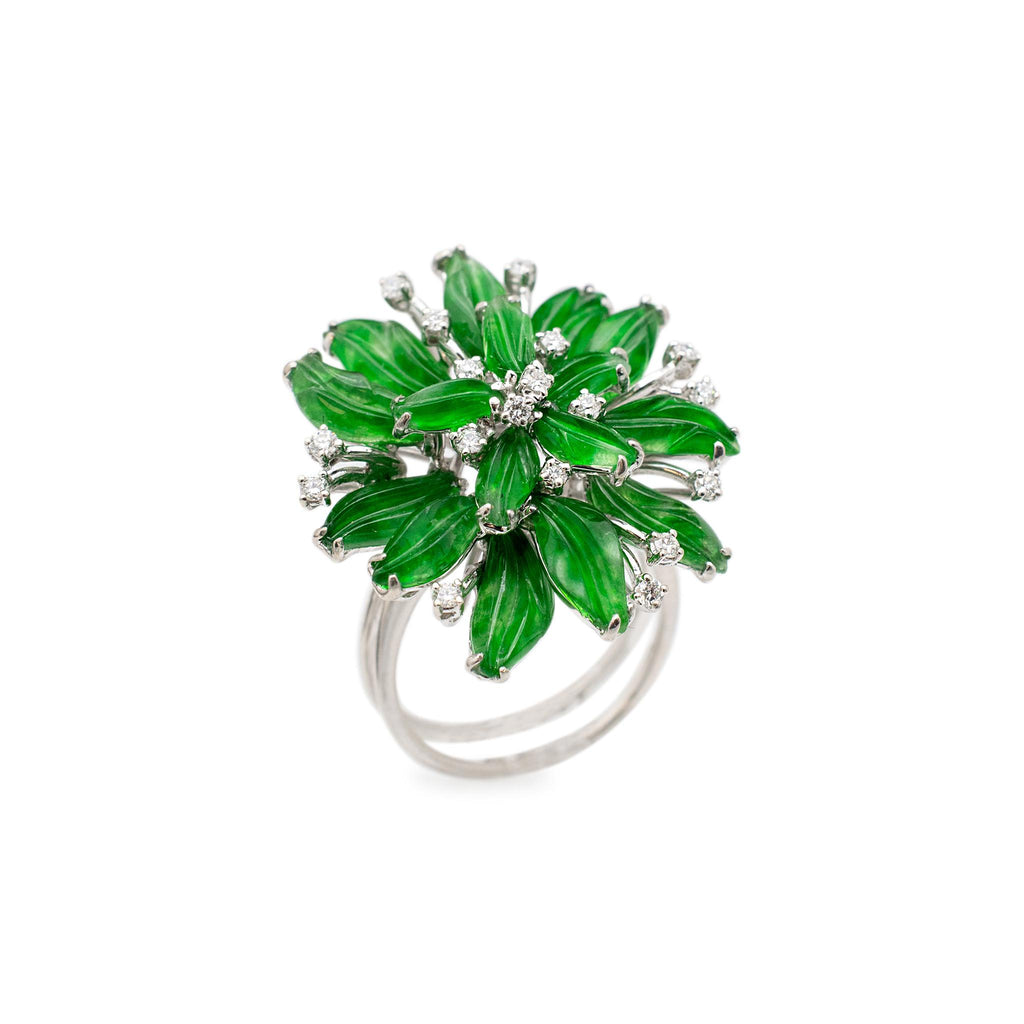 Ladies 18K White Gold Leaf Shaped Emerald & Round Diamond Cocktail Ring/Pendant