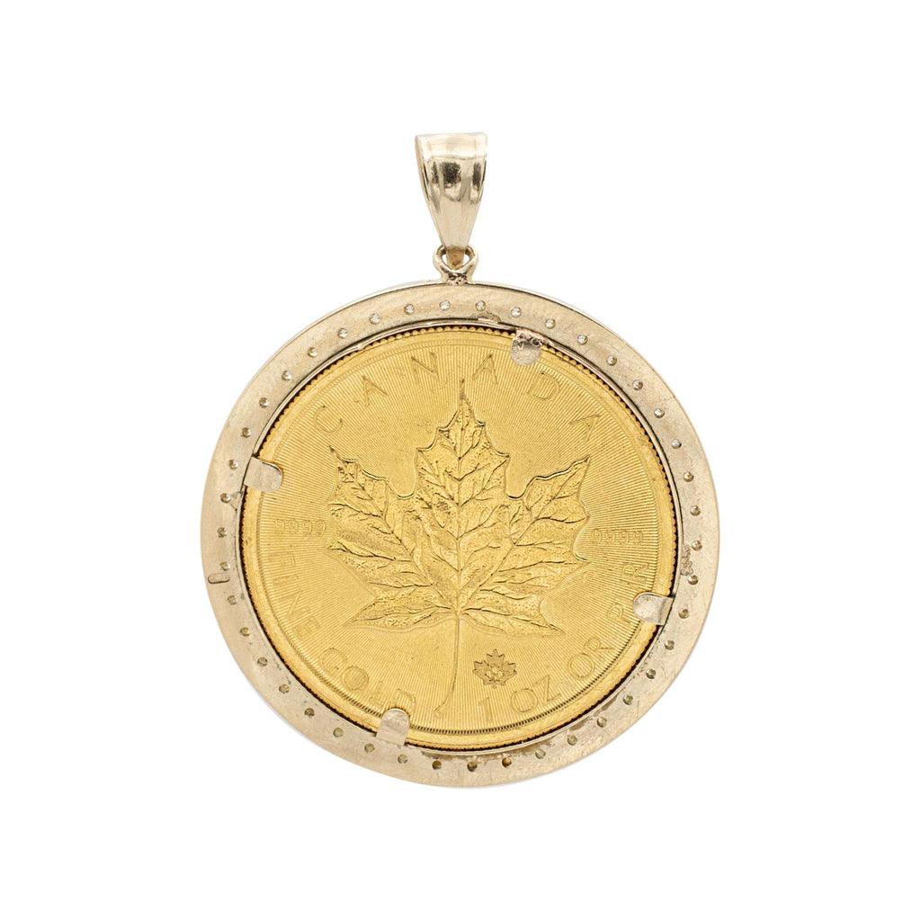 24K Yellow Gold 50 Dollars 2021 Maple Leaf Elizabeth II 14K Gold Diamond Pendant