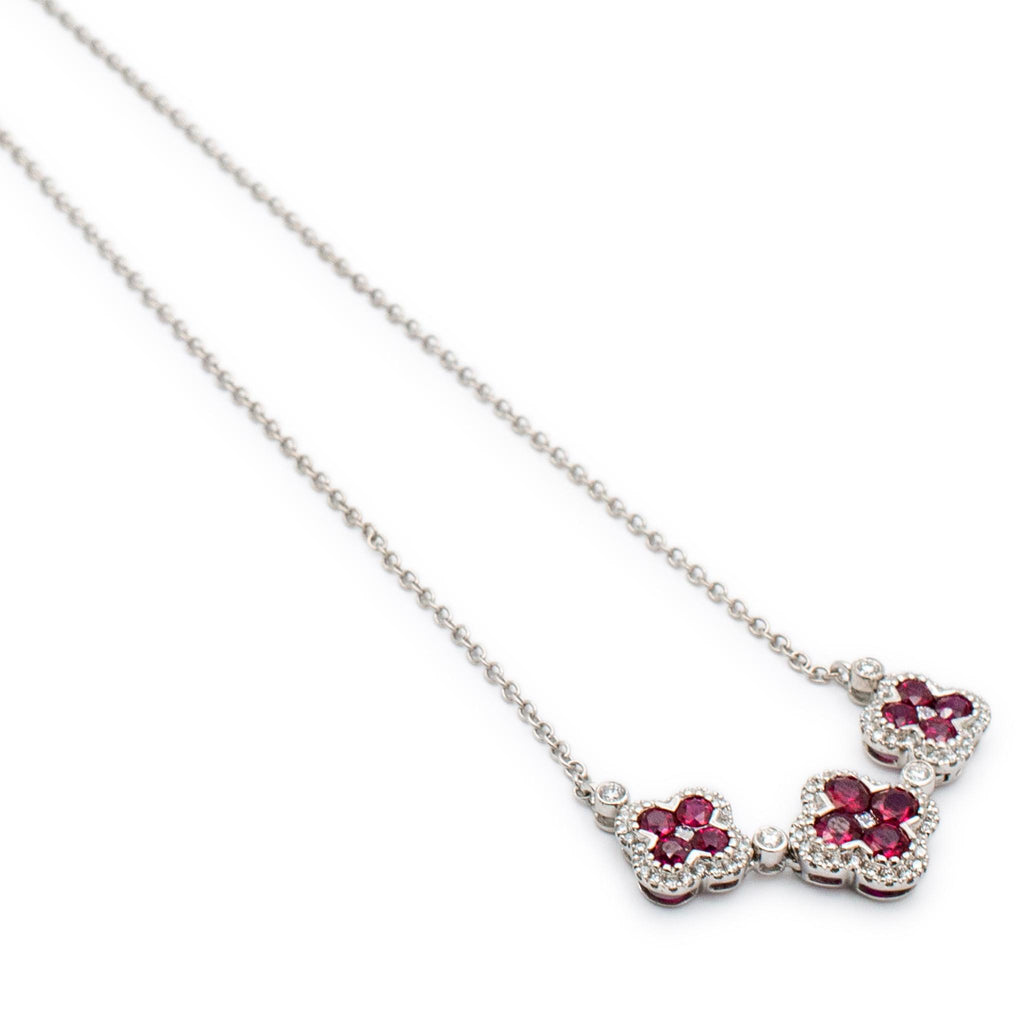 Ladies 18K White Gold Three Flower Ruby Diamond Pendant Necklace