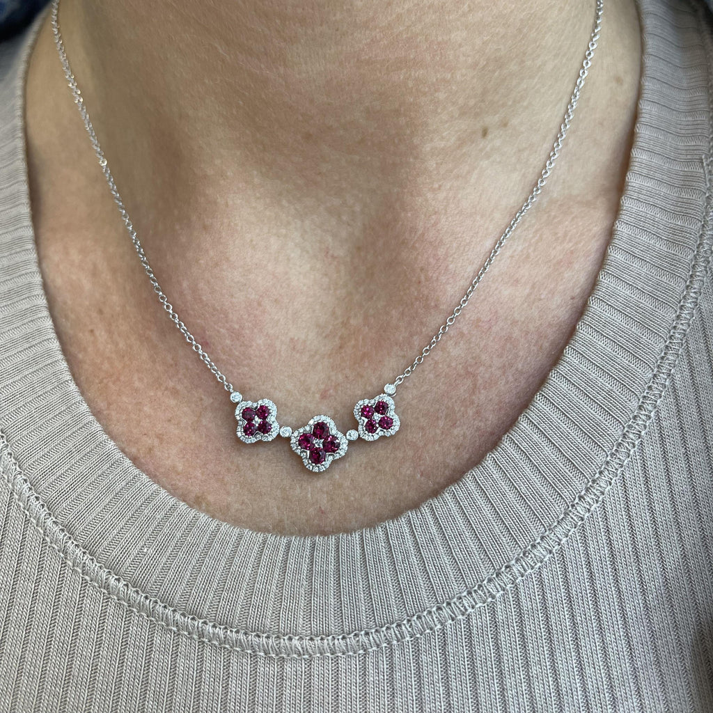 Ladies 18K White Gold Three Flower Ruby Diamond Pendant Necklace