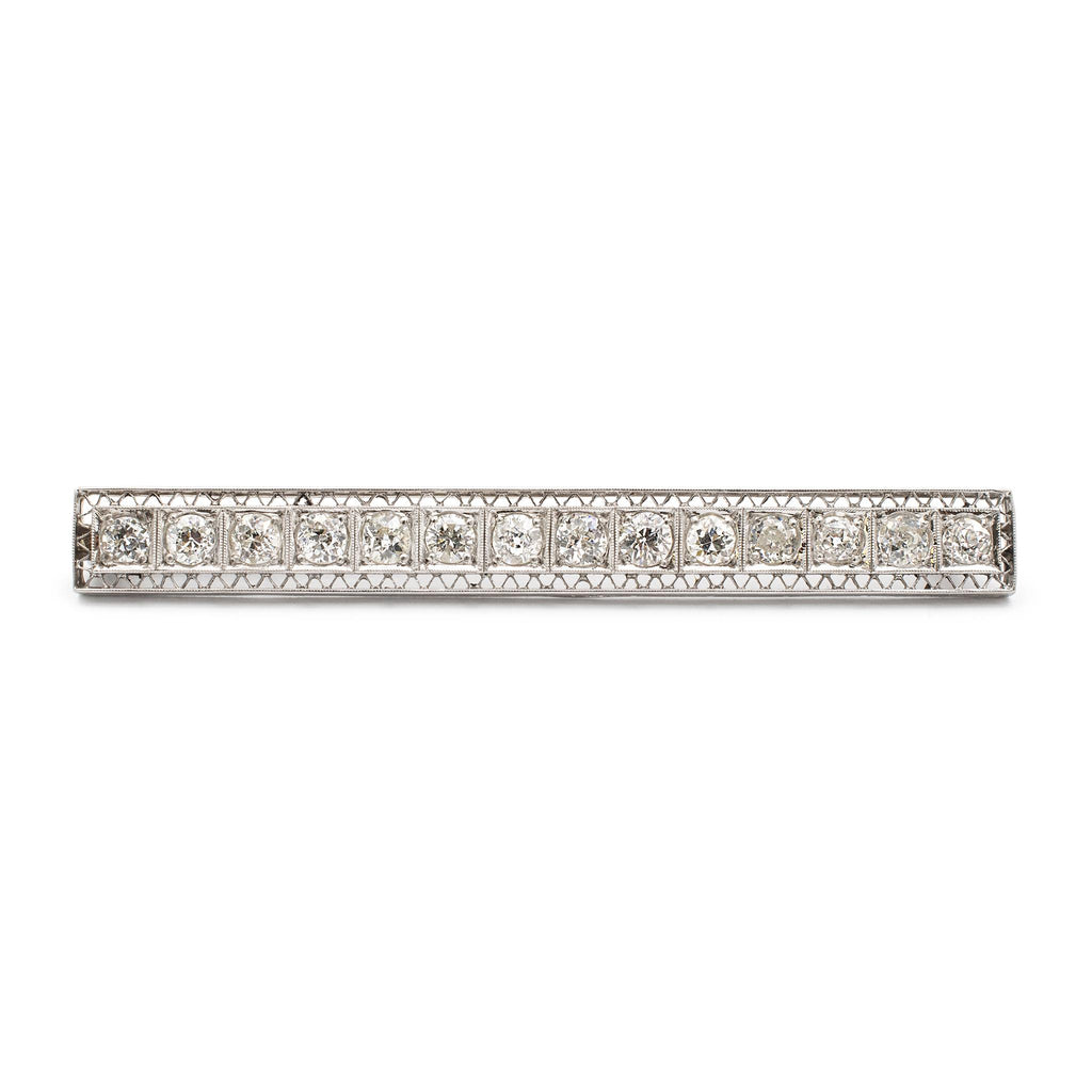 Antique Filigreed Art Deco Platinum & 14K White Gold Diamond Bar Brooch